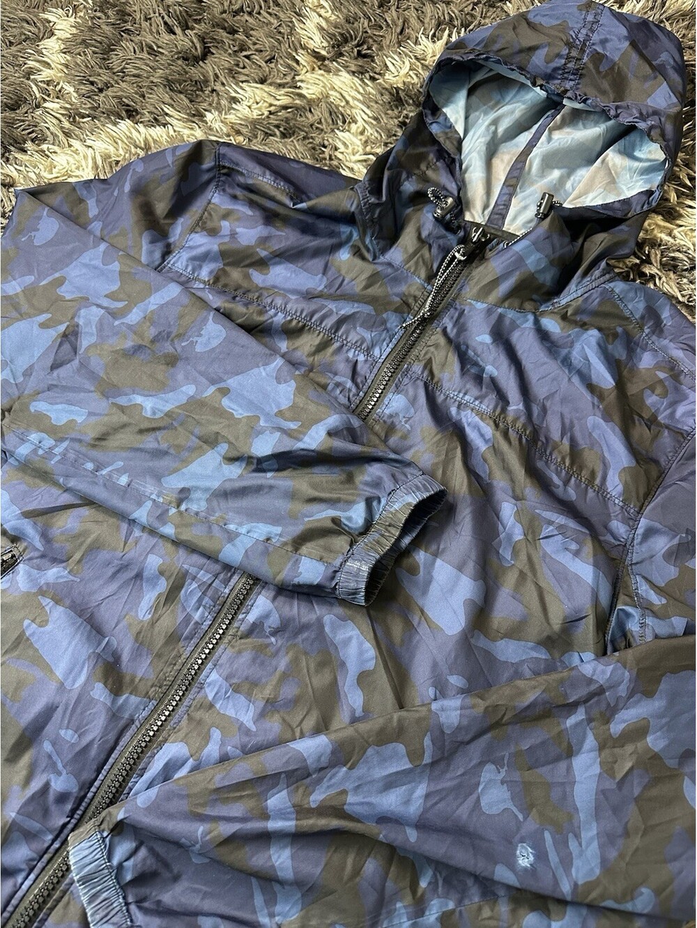 Aeropostale Mens XL Blue Camo Hooded Windbreaker Full Zip Lightweight Jacket